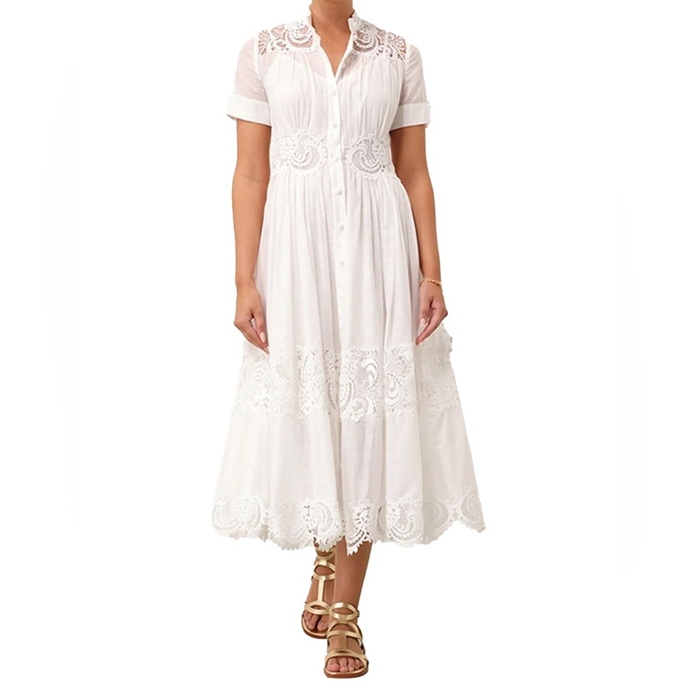 Zimmermann White Lace-Trim Button-Front Midi Dress